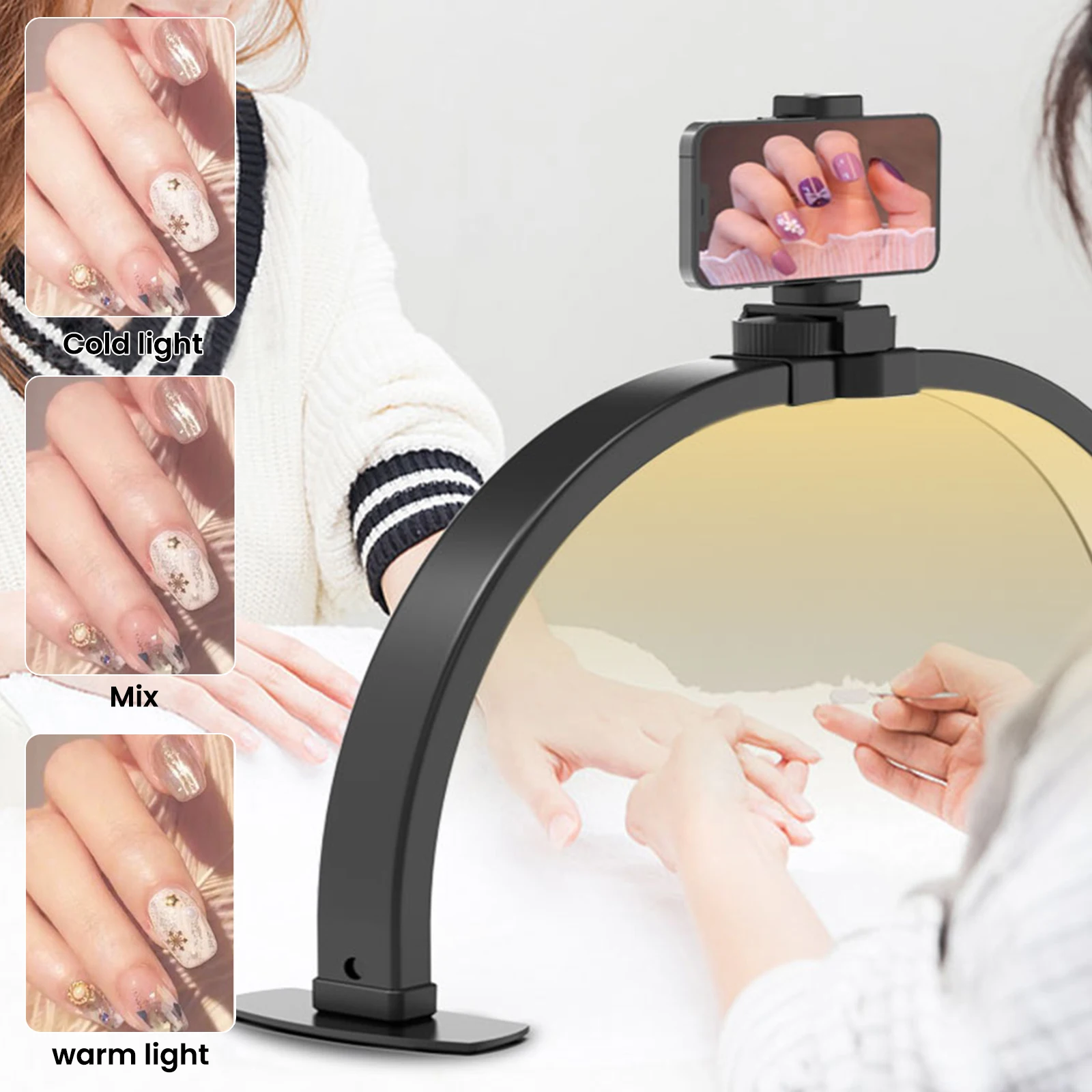 Folding Half Moon Lamp for Lashes Nails with Remote Control 10 Gear Brightness Shooting Video Photography Light Phone Holder