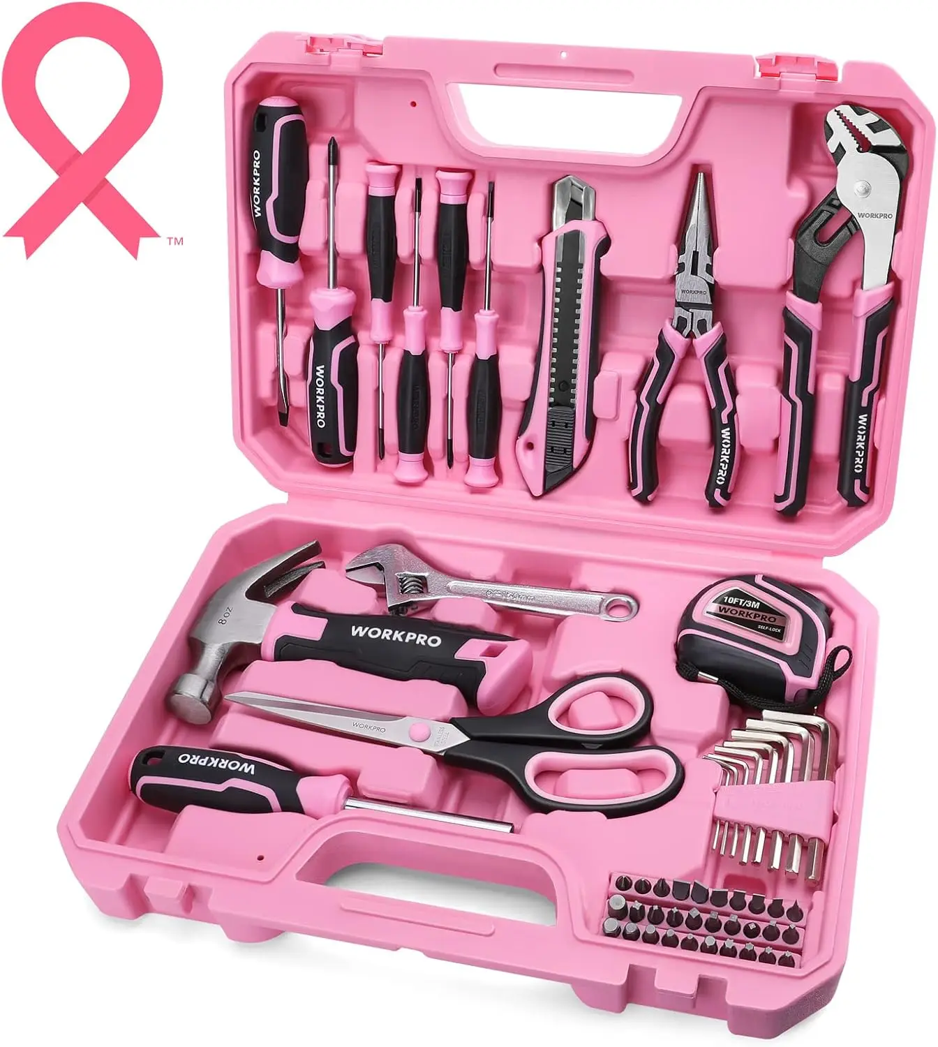 

52-Piece Pink Tool Set with Storage Box, Basic Home Garage Tool Kit for Apartment, Dorm, New House, Back to School Gift
