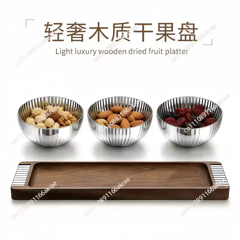 for Light luxury wooden tea tray, dried fruit plate, home coffee table, stainless steel snack bowl, creative nut plate