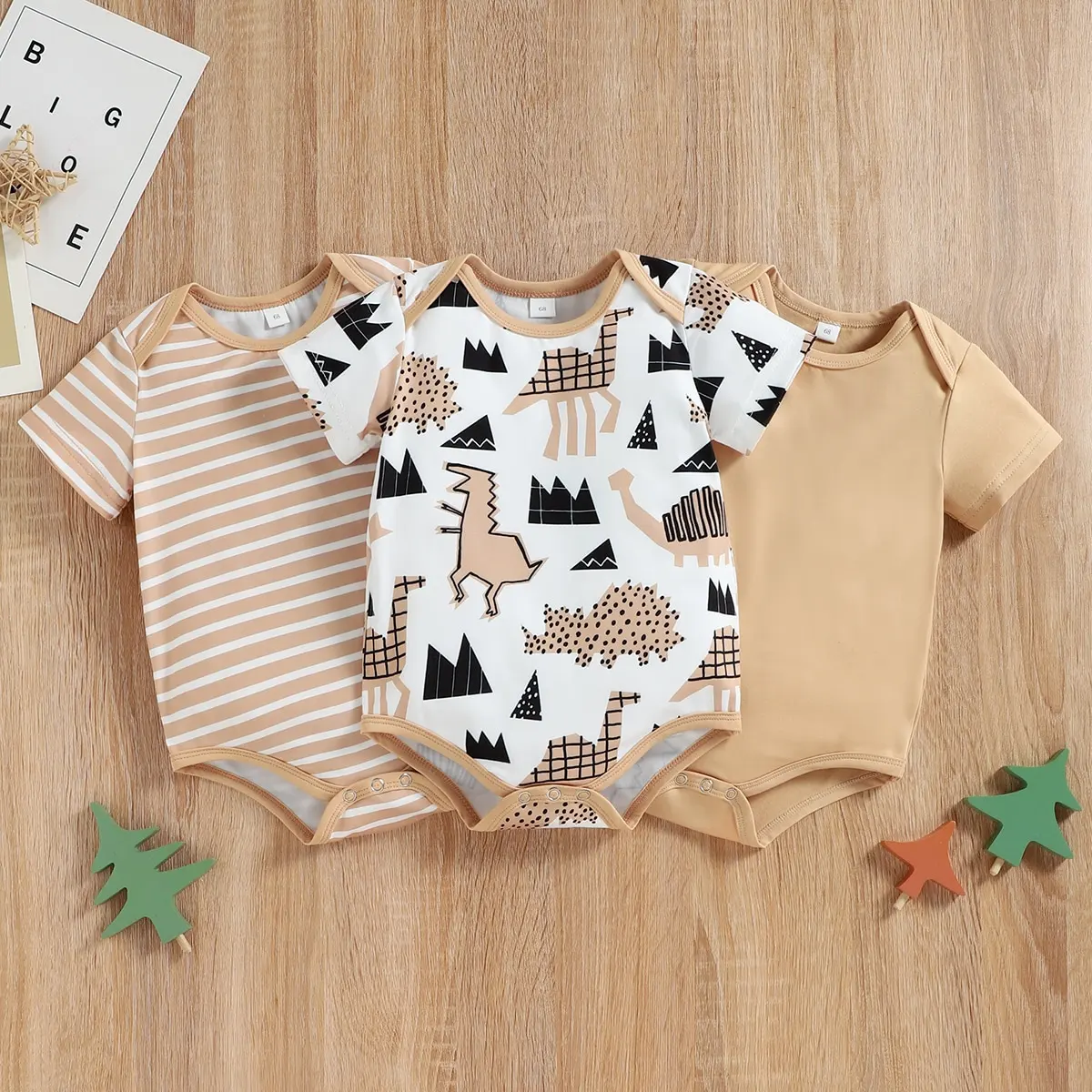 3PCS Spring Summer Autumn Round Neck Short Sleeve Cartoon Pattern Romper Fashion Loose Fit Infant Toddler