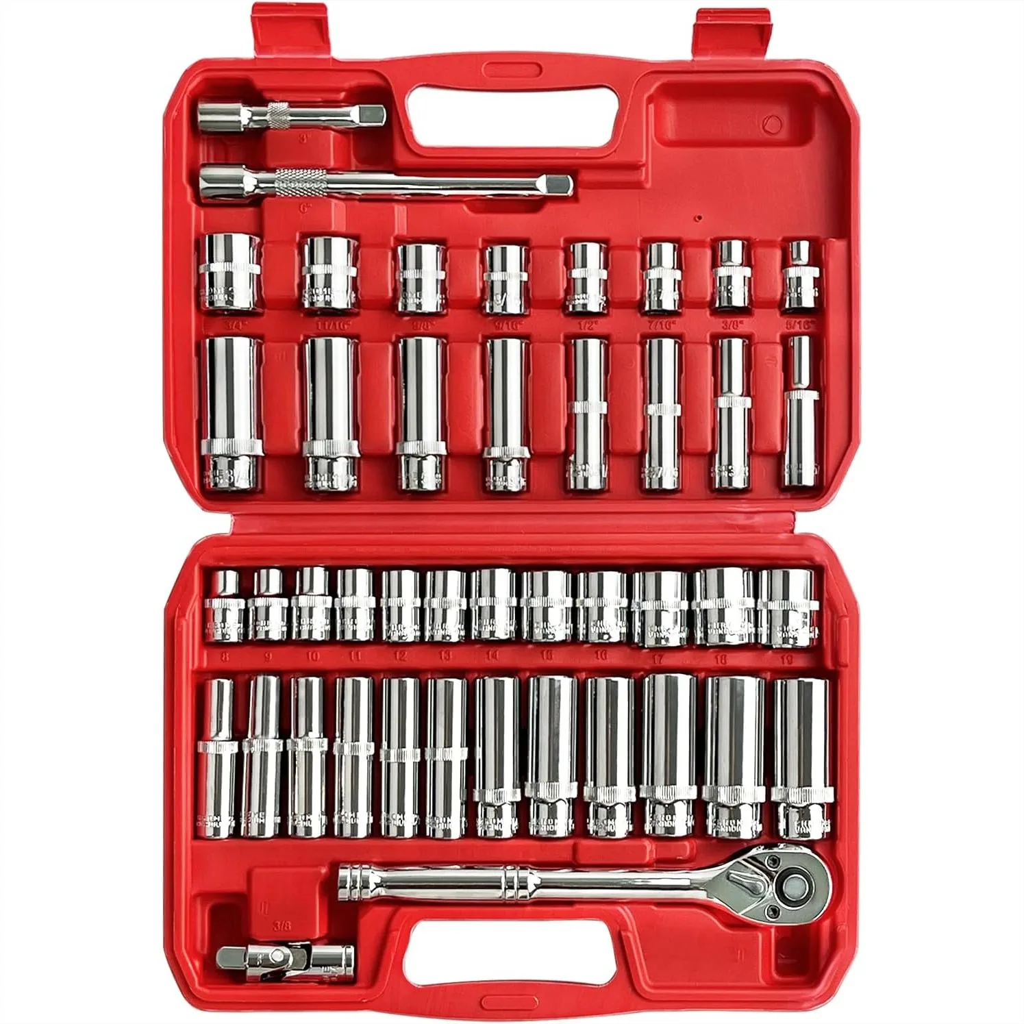 

44pcs 3/8" Drive Impact Socket Set, SAE/Metric Deep & Shallow with Ratchet, Universal Joint, Extension Bars