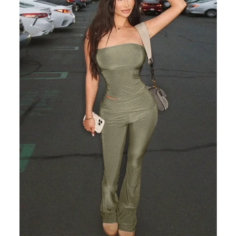 

Krisnanas Stylish 2 Piece Sets Woman 2025 Skinny Tube Tanks Top Full-length Flare Pants Solid Color New in Matching Sets 154318