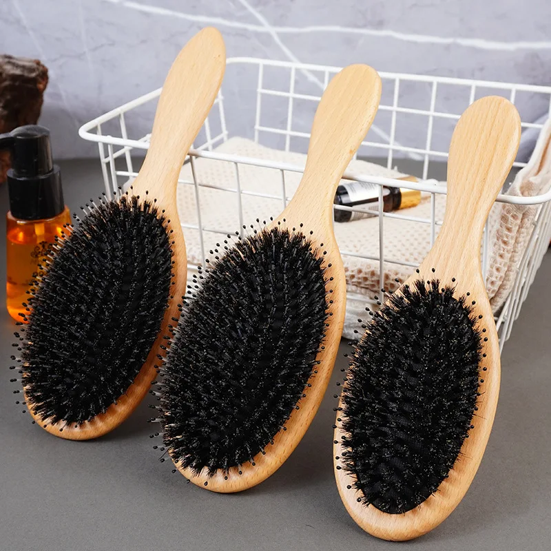 فرشاة شعر بشعيرات الخنزير، شعيرات طبيعية ناعمة للشعر الرقيق والناعم، استعادة اللمعان والملمس، مشط خشبي #3