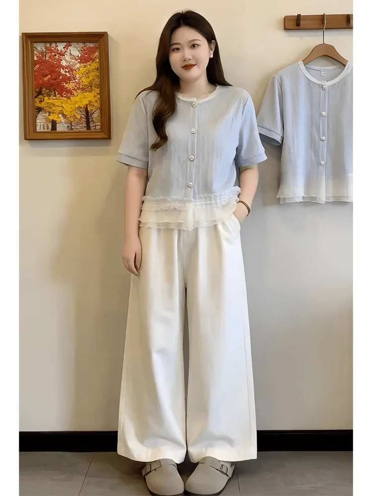 

Unique Short Sleeve Lace Trim Shirt Women's Summer Fashion Design Casual Loose Fit round Neck Button up Top