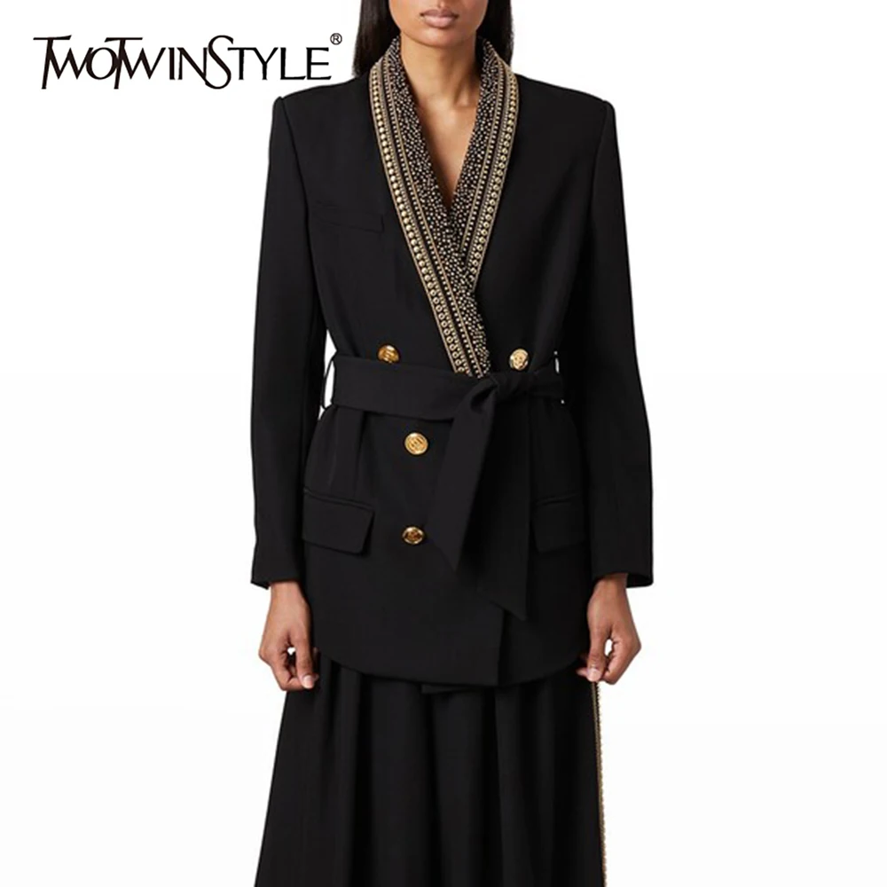 TWOTWINSTYLE Hit Color Spliced Button Jackets For Women V Neck Long Sleeve Patchwork Diamonds Chic Coats Female Fashion Style