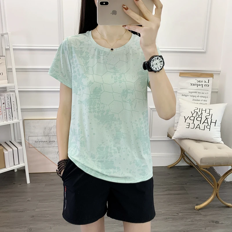 Summer Women's Ice Shreds Crew Neck Short Sleeve Loose Thin Geometric Sports Suit Plus Size Fashion Casual Commute Tops