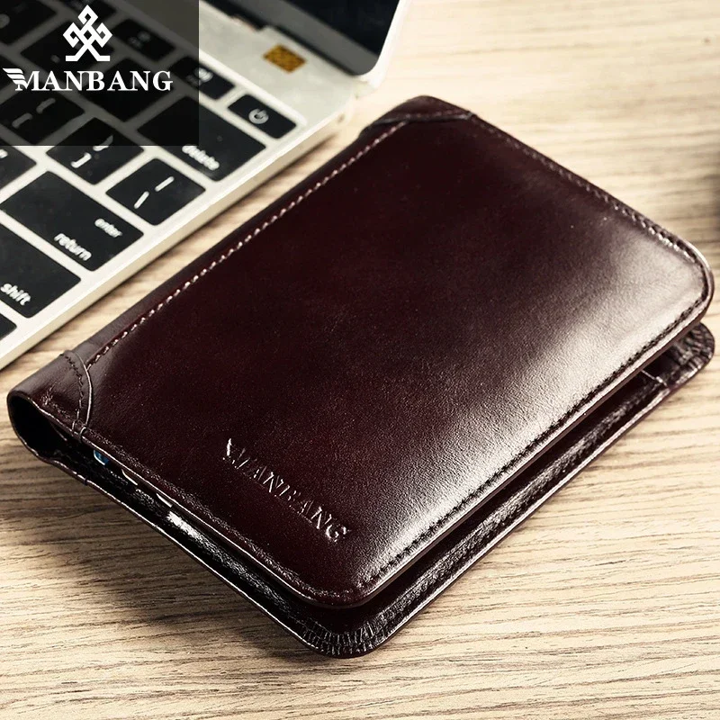 Luxury Brand Men's Wallets Genuine Cow Leather Male RFID Trifold Classical Short Purse Men with ID Window and Credit Card Holder