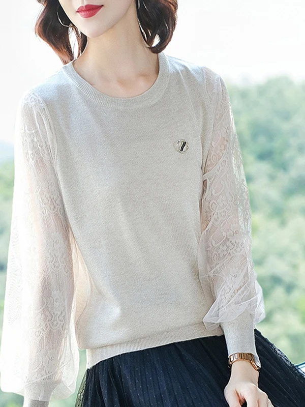 Women's Mesh Long Sleeve Base Shirt Thin Loose Style Spring Autumn Fashionable Korean Version Low round Neck Knitted Top