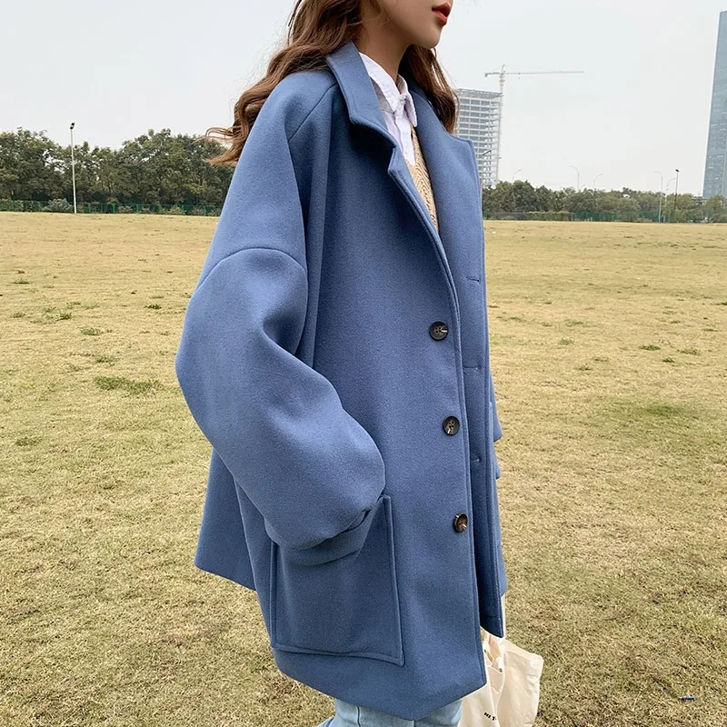 Korean Style Fashion Medium To Long Woolen Coat for Men Autumn Winter Solid Loose Casual Couple Windbreaker Y2k Streetwear