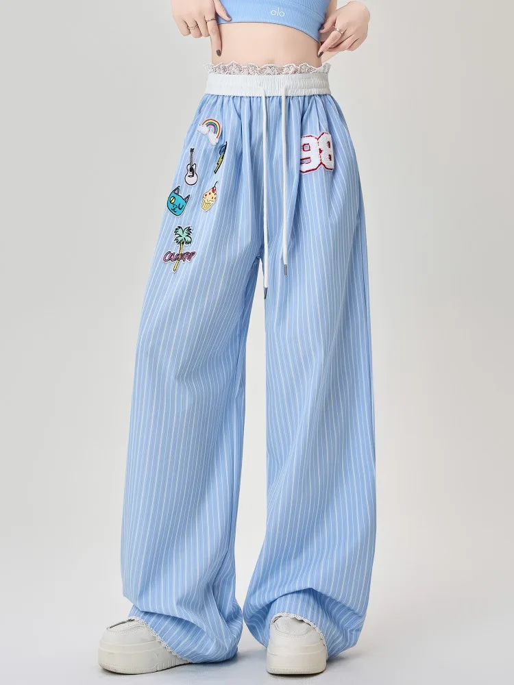 Blue striped wide leg pants women's summer design embroidered fabric lace high waisted casual straight leg casual pants