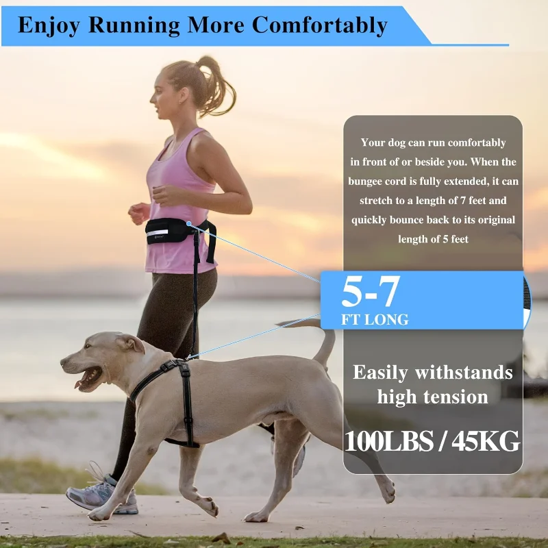 Hands Free Dog Leash with Zipper Waist Pack Double Layer Thick Handle Durable Elastic Rope for Walking Jogging Running