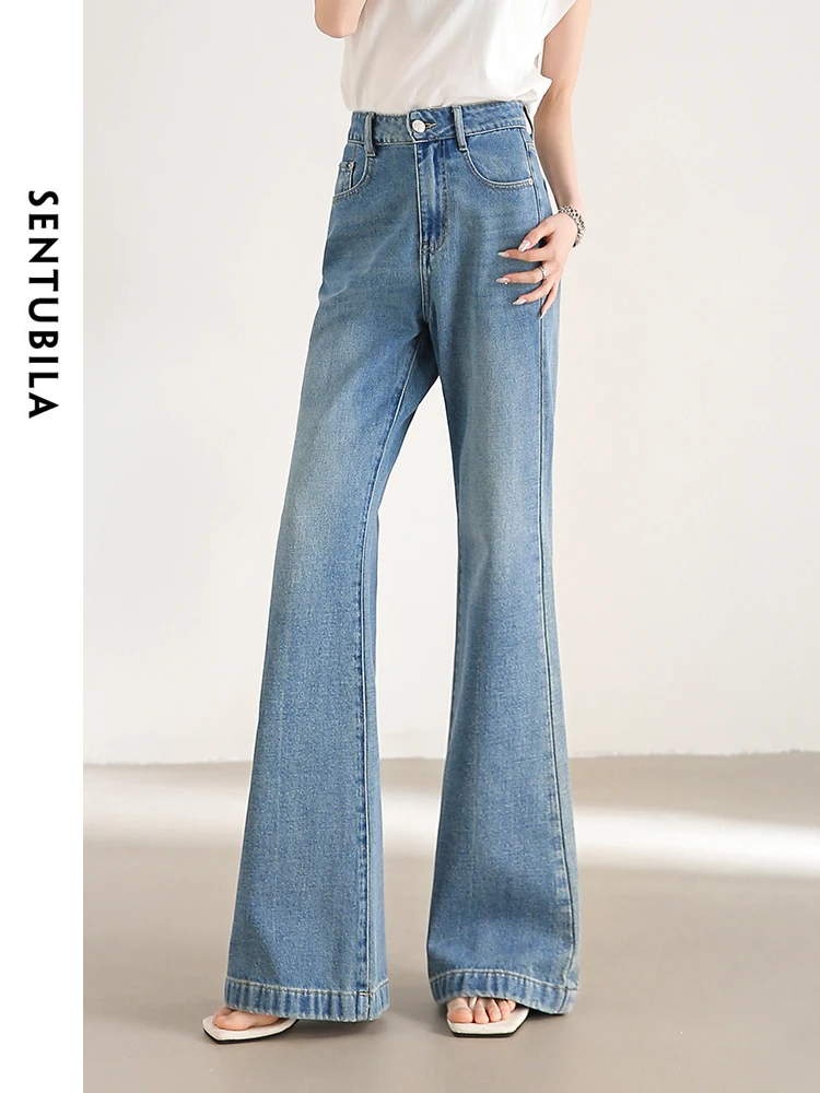 

SENTUBILA High Waist Flared Jeans Women 2024 Summer Comfort Soft Full Length Trousers Casual Loose Cotton Denim Pants W41N53622