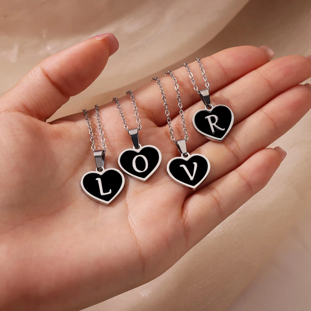 Initial Letter Black Heart Stainless Steel Necklace for Women Retro Name Pendant Aesthetic Jewelry Wedding Mother Day Gifts