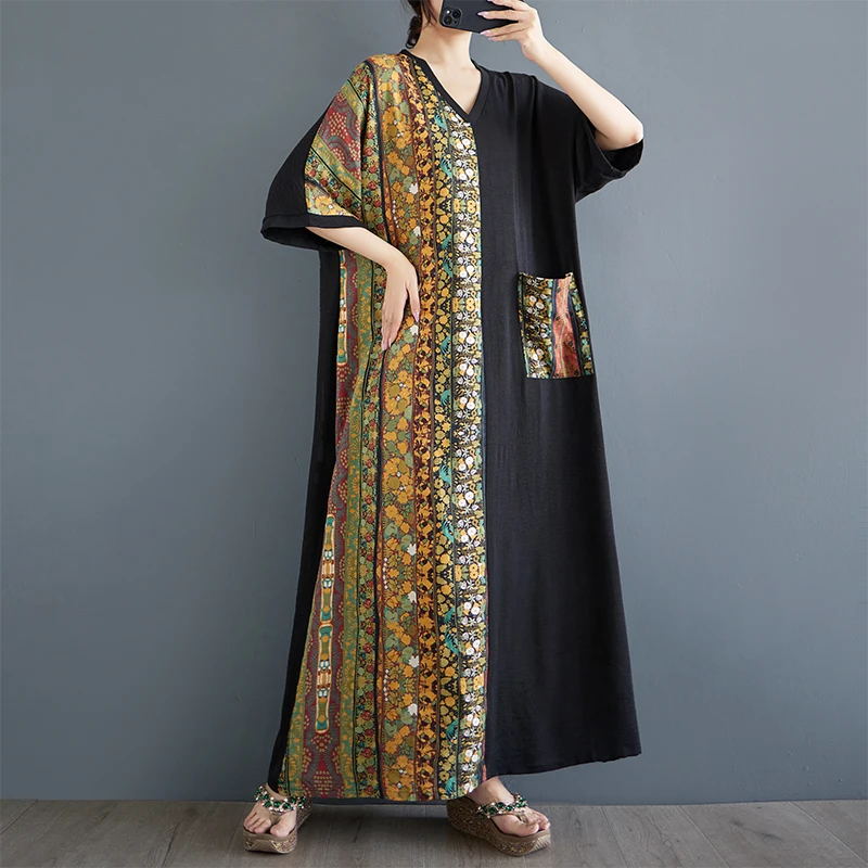 

NYFS 2025 Summer New Cotton Linen Woman Dresses Vestidos Robe Ete Femme Elbise Loose Short Sleeve Print Long Dress