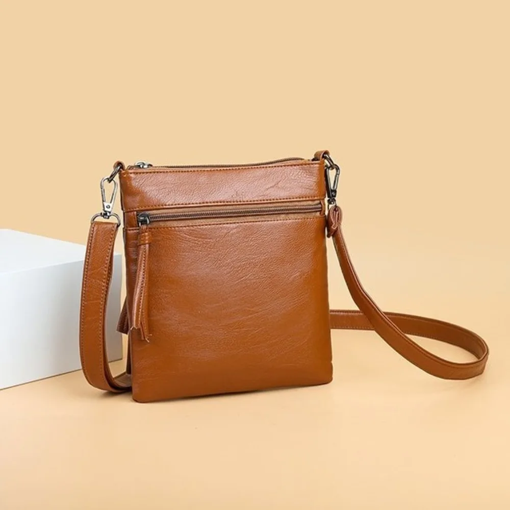 軽量ジッパー携帯電話ポーチ ソフトレザー PUレザー 縦型スクエアバッグ 3層 カジュアル シングルショルダーバッグ ギフト