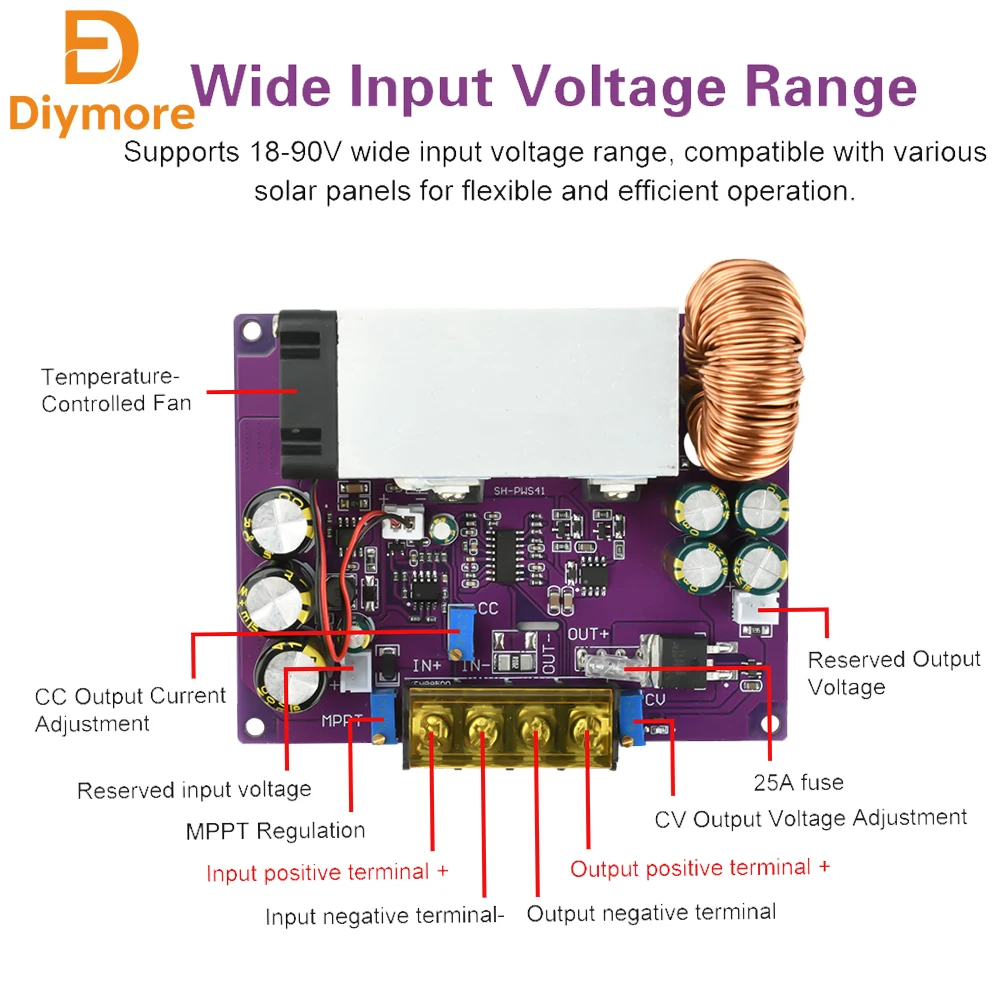 DC 18-90V 800W 0-25A DC-DC Adjustable Voltage Reduction Module MPPT Solar Charging Controller Lithium Battery Storage Universal