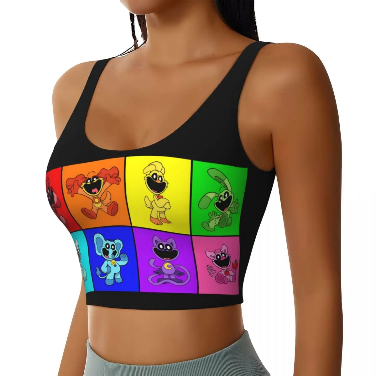 Custom High Impact Colorful Smiling Big Mouth Critters Group Sports Bra for Women Scarry Animated Game Gym Workout Yoga Crop Top