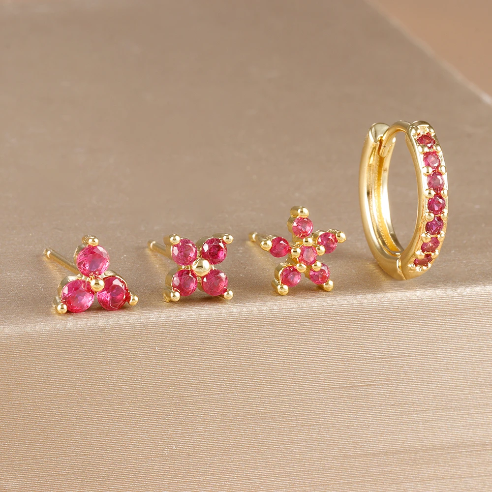 4pc 18K Gold Plated Flower Round Piercing Earrings Set