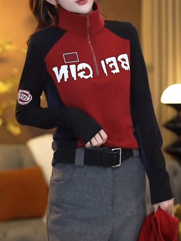 

Женская толстовка Slim Fit в американском ретро-стиле с цветными блоками и воротником-стойкой, весенняя, больших размеров, для полных женщин, с эффектом похудения, на молнии, базовая модель