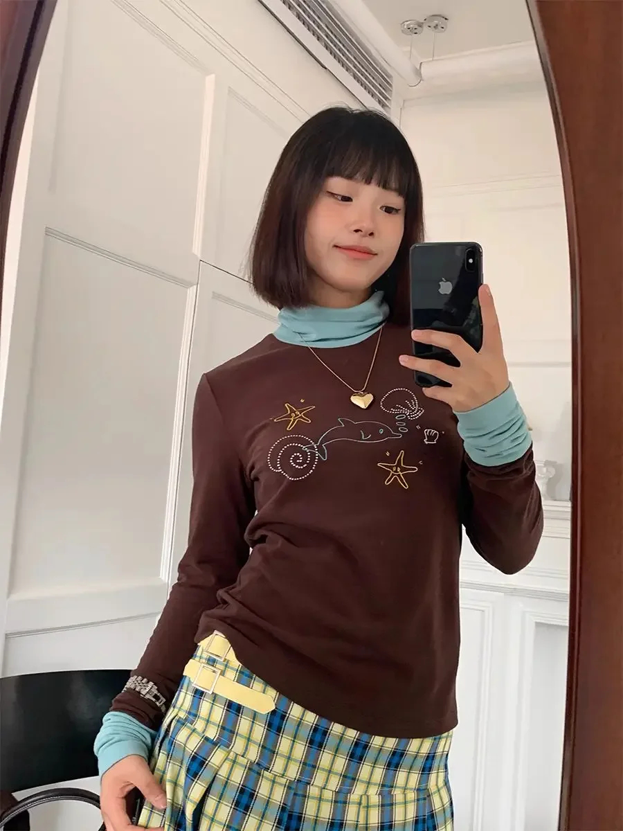 Cartoon Hot Drill Spice Girls Splicing Long-sleeved T-shirt Women's Fall Y2k Harajuku Wind Spring and Summer Bottoming Shirt