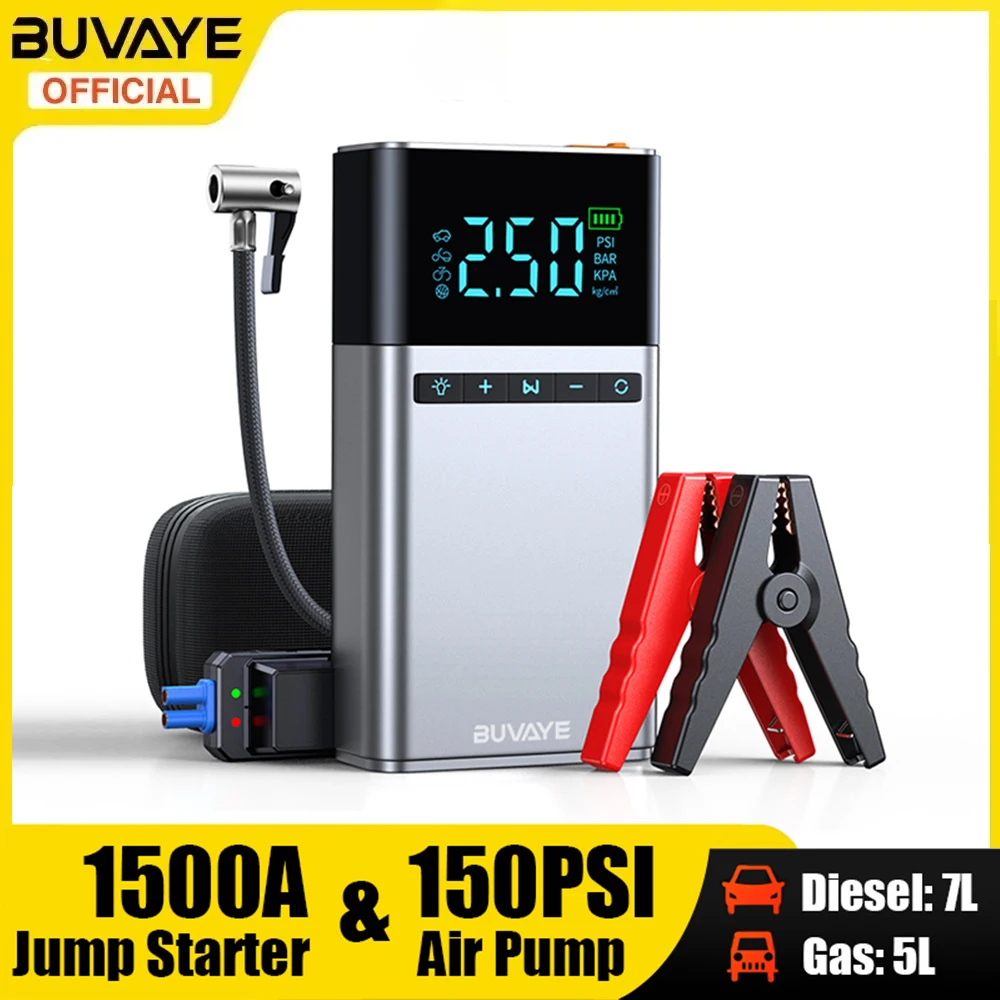 BUVAYE Car Jump Starter Air Compressor With Power Bank Portable Battery Booster Electric Pump For Motorcycle Bicycle Tyre Ball