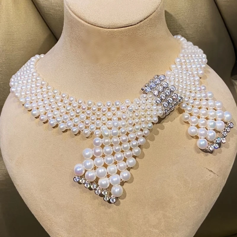 

BELLUX 925 Silver Synthetic Zircon White Pearl Bowknot Fashion Luxury Choker Necklace Elegant Banquet Jewelry