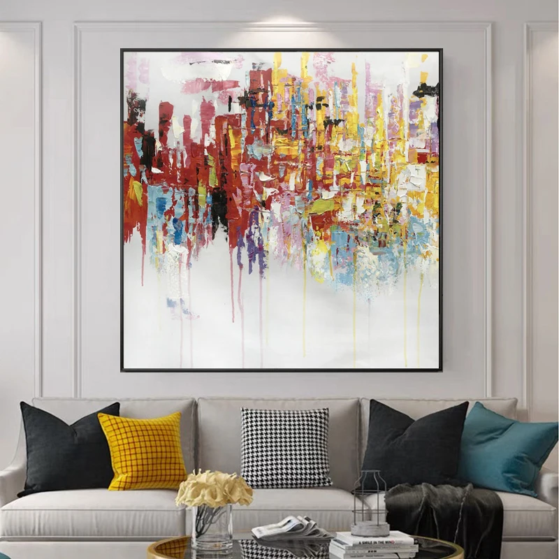 Large Abstract Hand-painted Textured Oil Paintings Handmade Architecture Pictures Canvas Reflection Cityscape Landscape Wall Art