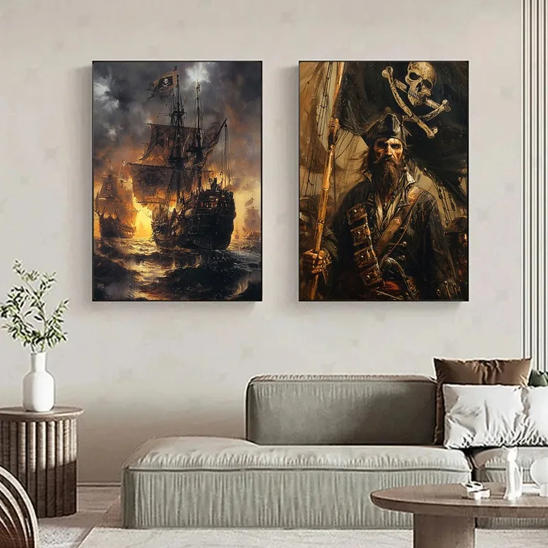 Medieval Battle Scene Vintage Pirate Ship Sailing Ship Posters and Prints Canvas Printing Wall Art Picture for Living Room Decor