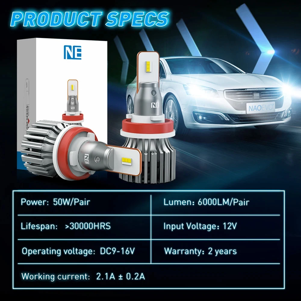 NAOEVO Car Headlight HB4 9006 H7 Led Car Lamp 50W H4 Hi/Lo Beam 6000LM H11 9005 HB3 6000k White LED 12V CSP Fog Light Bulbs