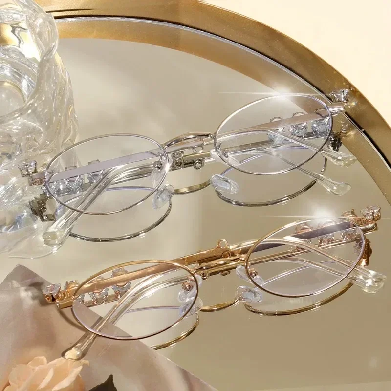 Rhinestone Oval Sunglasses Summer Women Men Elegant Metal Small Frame Glasses Silver Color Casual Sunglasses Fashion Accessories