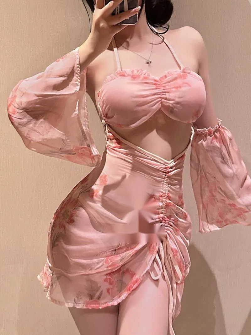 Sweet Flower Printed Sleepwear Dress Pure Desire Casual Style Backless Deep V Hanging Neck Sleeveless Pleated Dress Elegant LK54