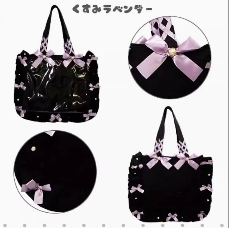 Japanese Animation Anime Lotus Leaf Edge Ribbon Bow Pain Bag Y2K College PU Shoulder Bag Large Capacity Badge Tote Bag Itabag