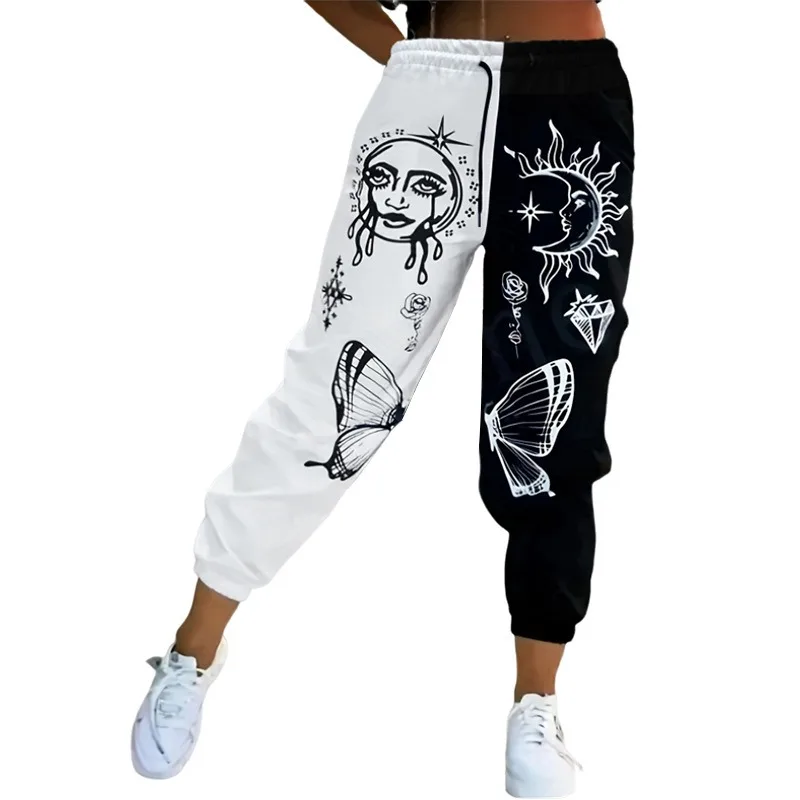 

Women's Loose Print Stitching Pants 2023 Spring Autumn Pants Women's Casual Drawstring Lace Elastic Waist Mid Waist Pencil Pants