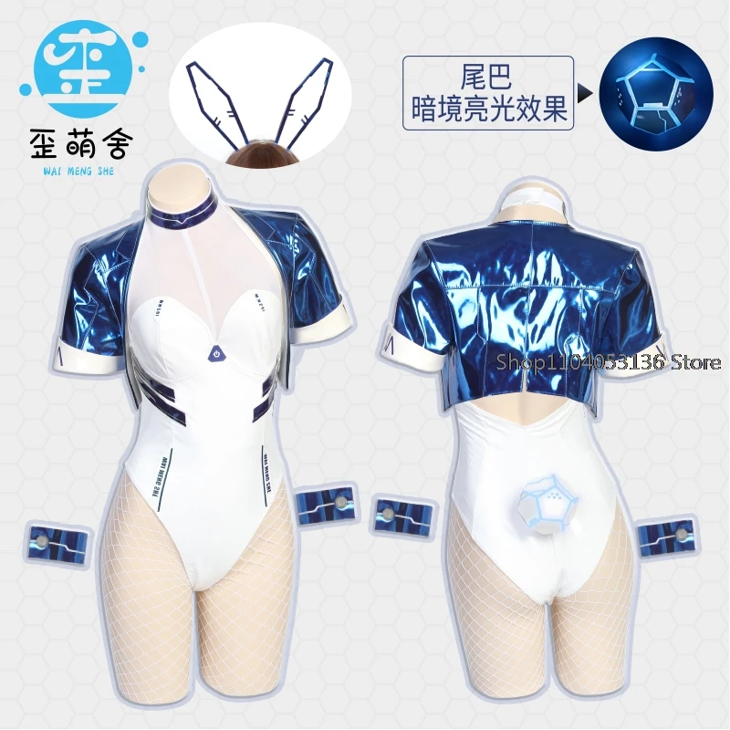 Anime Cyber Bunny Girl Punk Cosplay Kostuum Vrouwen Sexy Lederen Bodysuit Met Lichte Staart Schattige Konijn Oor Outfit Halloween Kleding