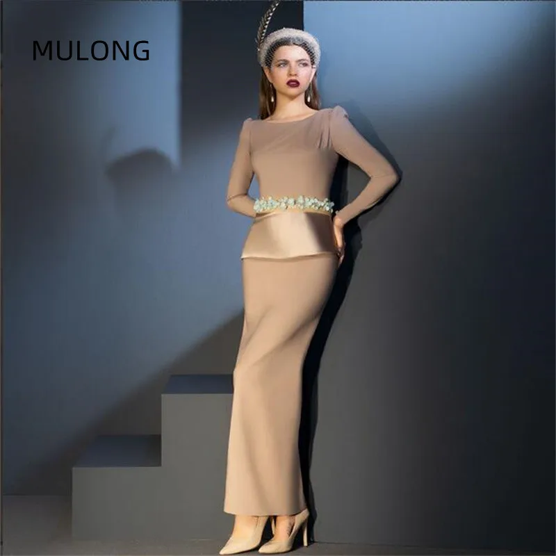 

MULONG Elegant Mother of Bride Dresses 2 Piece Floor Length Champagne Wedding Guest Gown with Long Sleeve Mother's Party Wear