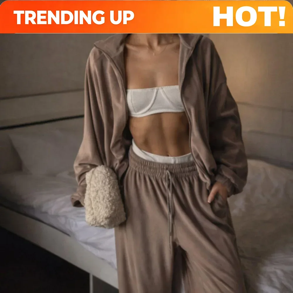 Customization Elegant Velvet Tracksuit Women's Matching Sets Zip-up Solid Long Sleeve Cardigan Coat Slacks Female Autumn Winter