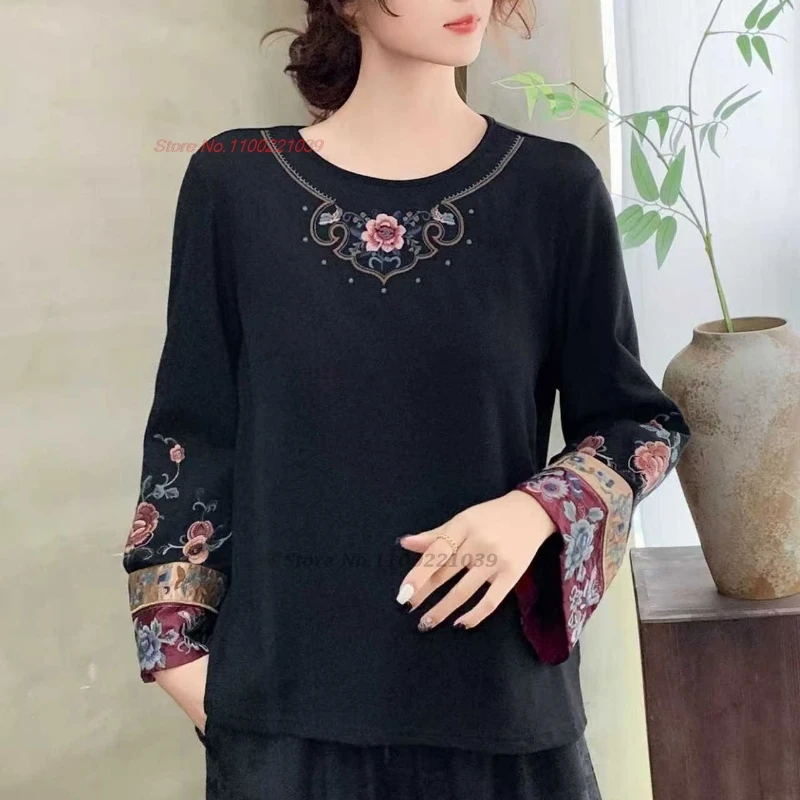تي شيرت صيني تقليدي لعام 2025 قميص شعبي مبطن بالزهور الوطنية قميص هانفو عتيق قميص عرقي قاعدة