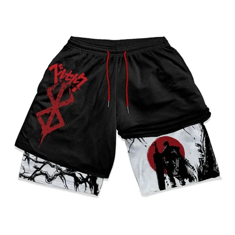 Fashionable Anime Printed Double Layer Shorts Breathable Two-in-one Men\'s Sports Shorts Jogging Fitness Casual Shorts S-5XL