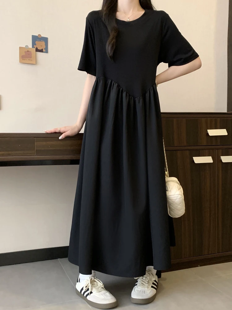 NYFS 2024 Summer New Korea Woman Dress Vestidos Robe Elbise Loose Plus Size Short Sleeve O-neck Patchwork Big Hem Long Dresses