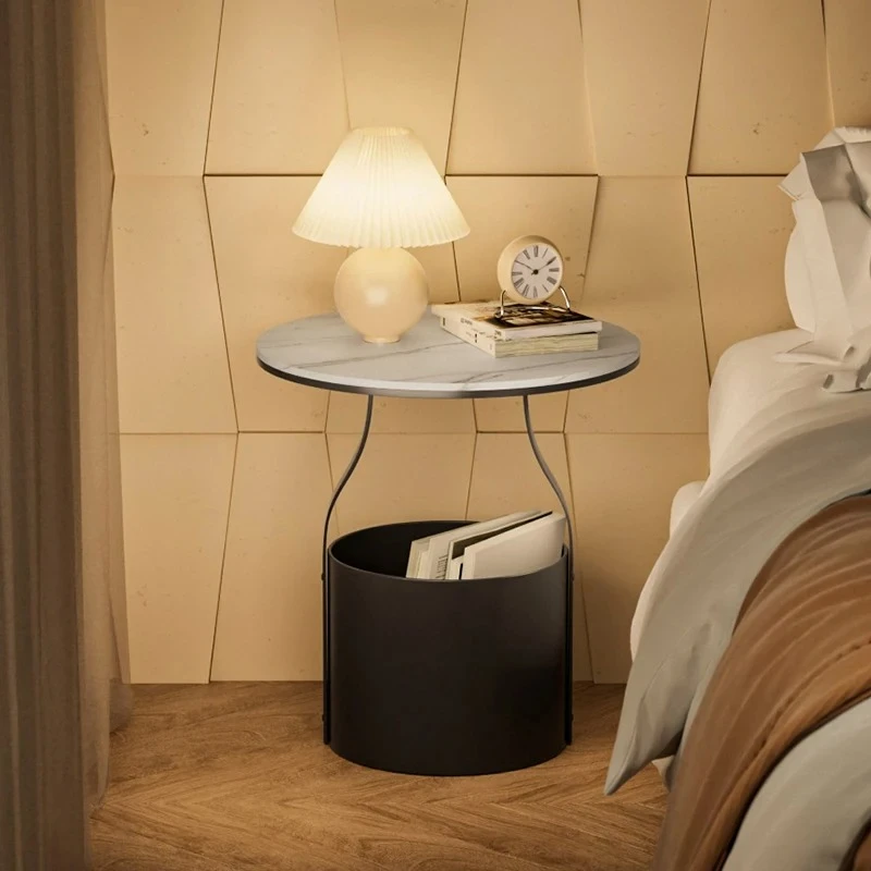 JJSimple Wrought Iron Bedside Table Round Modern Bedroom Bedside Storage Tube Rock Slab Round Table
