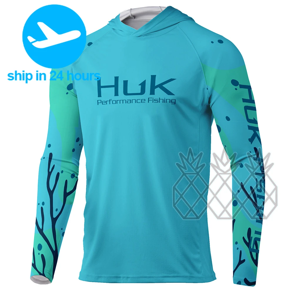 

Men HUK Fishing Shirts Hoodie Summer Long Sleeve Sun Uv Protection Fishing T-Shirts Breathable Anti Mosquito Hooded Fishing Wear