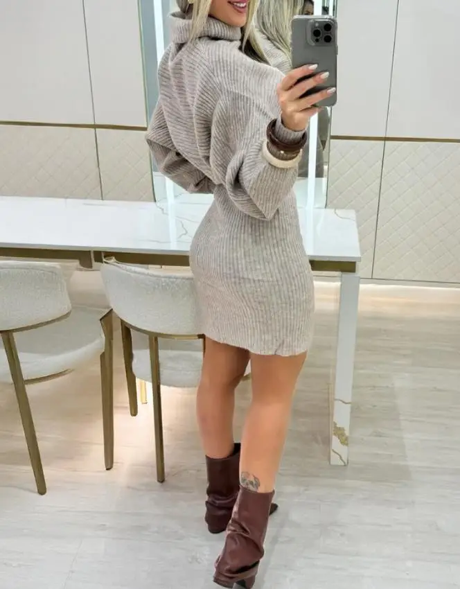

High Neck Batwing Sleeve Sweater and Casual Slim Fit Skirt Set