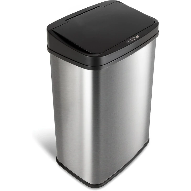 

Automatic Touchless Infrared Motion Sensor Trash Can, 13 Gal 50L, Stainless Steel Base (Rectangular, Black Lid), Black