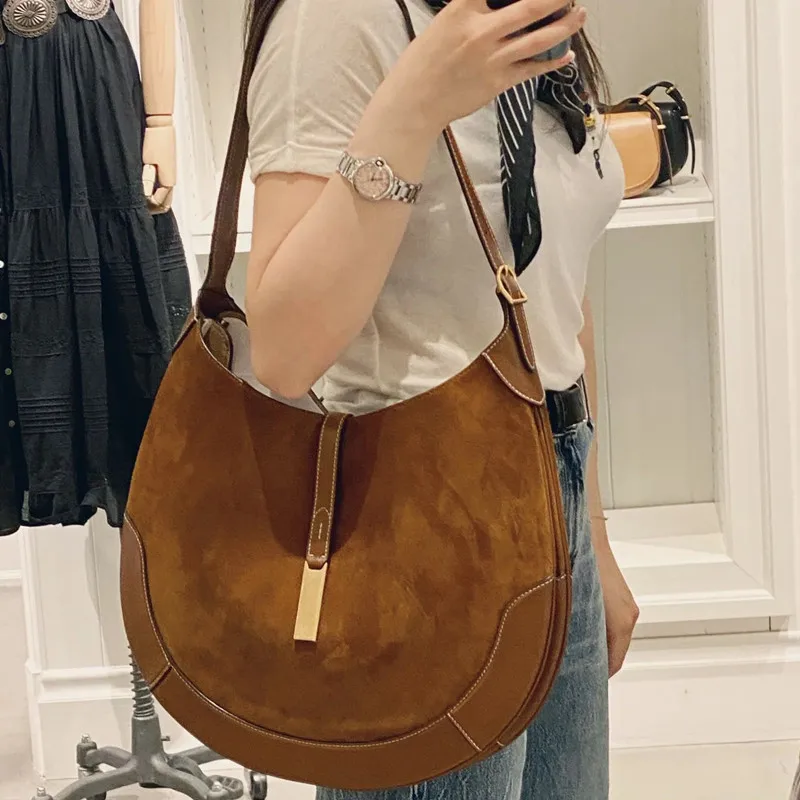 

2025 Trendy Luxury Suede Splicing PU Big Tote Bag New High-end Lady Crescent Handbags Retro Dumpling Design Ruffle Underarm Bag