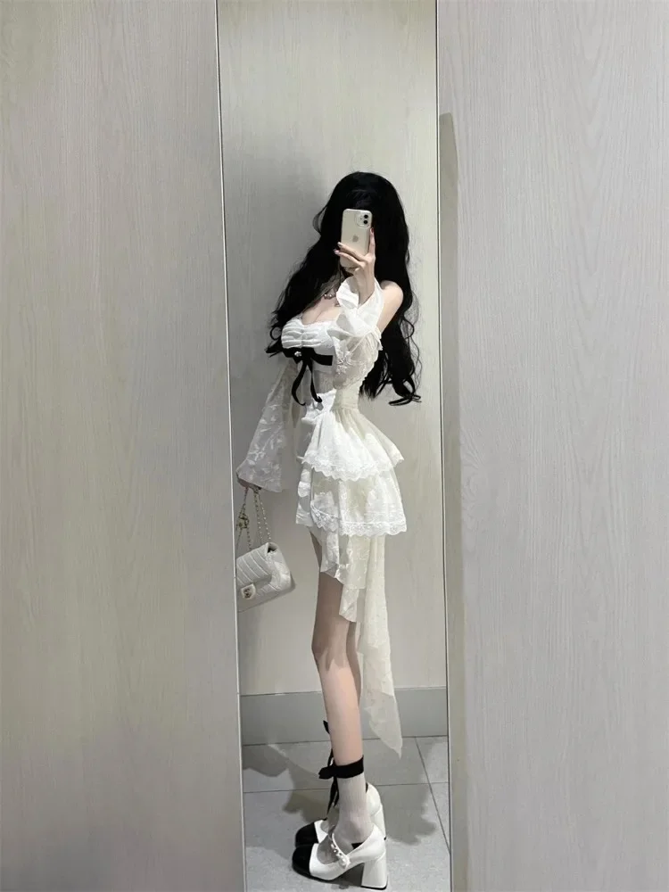 แฟชั่นหวานปิดไหล่ลูกไม้เสื้อแขนยาวMujerฤดูร้อนใหม่Vestidos De Mujer Y2k SlimเอวBodyconชุดผู้หญิง