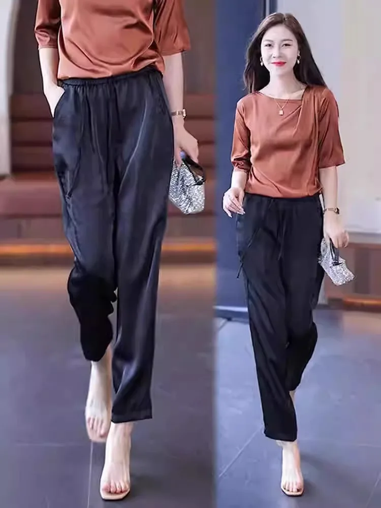 

Ice Silk High Waist Draped Loose Fit Summer Thin Mom's Small Leggings Casual Commute Style Pocket Detail Pleated Pants