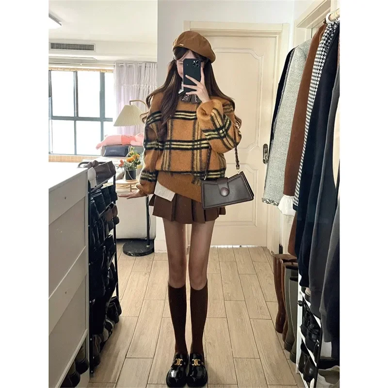 Herfst Winter Koreaanse Preppy Stijl Breien Truien Femme Modieuze Plaid O-hals Lange Mouw Trui Dameskleding Top Tee