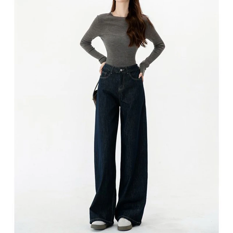 Female Dark Blue Wide Leg Jeans New Girls High Waist Loose Denim Trousers Hot Sale Women Fashion Casual Daily Pants