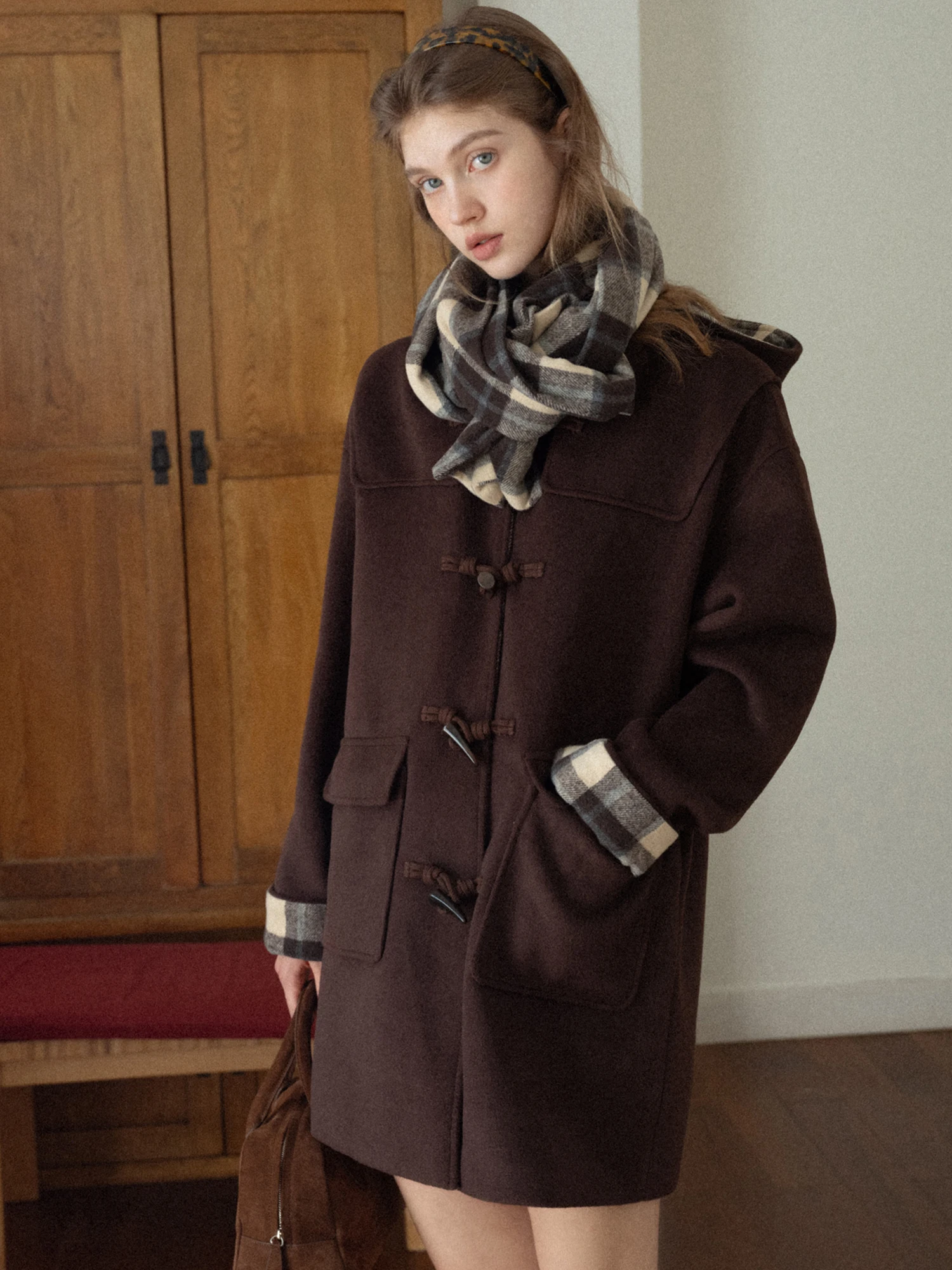 Eggka Mermaid Woolen Coat with Hat Middle-Length Loose Commute Top Button Design Polyester Mohair Rayon Fiber Long Sleeve