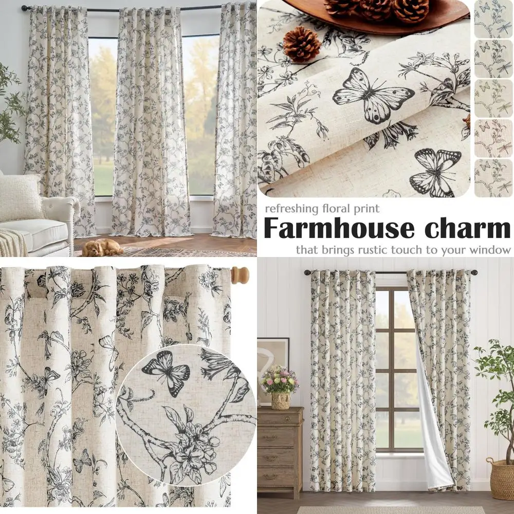 

Vintage 84 Black Floral Linen Curtains with Beige Backing for Living Room and Bedroom, Light Filtering, 2-Panel Set